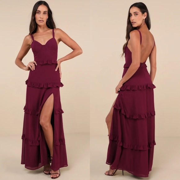 Lulus Sincerely Poised Plum Purple Backless Bustier Tiered Maxi Dress S Wedding - Picture 1 of 11